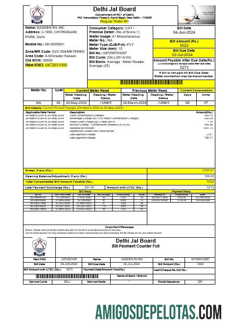 para download ÍNDIA DELHI JAL BOARD Business Utility Bill Word e modelo PDF